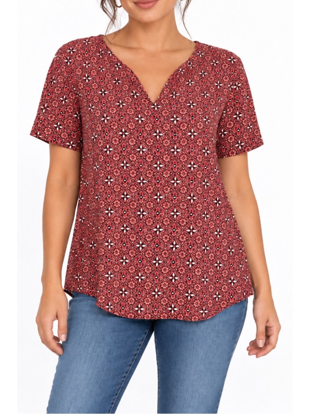 CB Established 1962 red geometric patterned design, a V-neckline, short sleeves